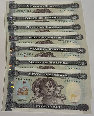לוט של 7 שטרות מאריתריאה בערך נקוב 5 נקפה, במצב UNC , בהנפקת Bank of Eritrea. השטרות מציגים 