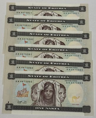 לוט של 6 שטרות מאריתריאה בערך נקוב 1 נקפה, במצב UNC , בהנפקת Bank of Eritrea. השטרות מציגים 
