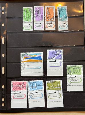 Collection lot of Israeli airmail stamps with original tabs, mainly featuring landscapes and 