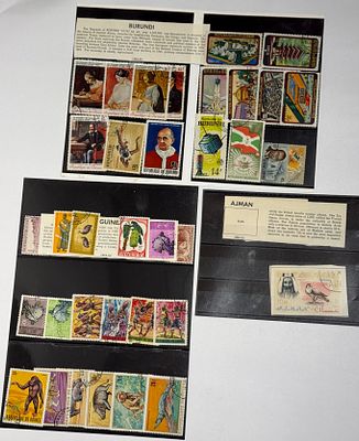 A colorful and thematically rich collection of stamps from three distinct regions, spanning 