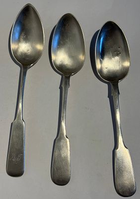 Set of 3 antique silver teaspoons with multiple hallmarks. The “84” mark indicates Russian 