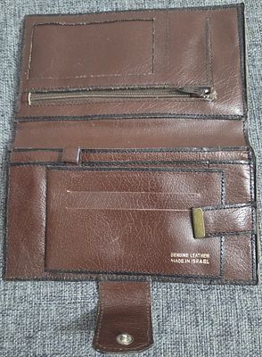 Vintage brown genuine-leather bifold wallet, made in Israel (stamped "GENUINE LEATHER – MADE IN 