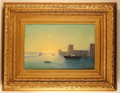 Неизвестный художник. Морской пейзаж с крепостью на берегу. 1860-е гг. Холст, масло. Размер 