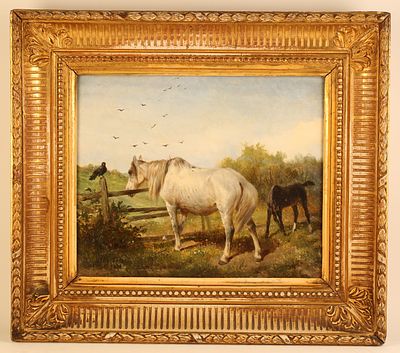 Сверчков Николай Егорович (1817–1898). Лошадь с жеребенком у изгороди. 1874 г. Картон, масло. 