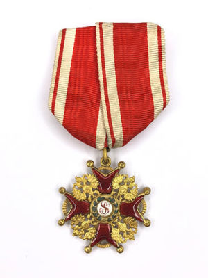 Ordenszeichen des Hl. Stanislaus 3. Klasse, am originalem Ordensband. Russisches Kaiserreich 
