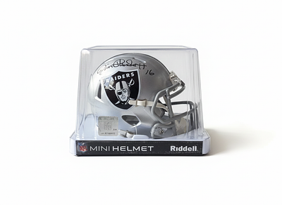 פוטבול אמריקאי מיני קסדה חתומה על ידי האגדה ג'ים פלנקט (Jim Plunkett) NFL . פוטבול אמריקאי מיני 