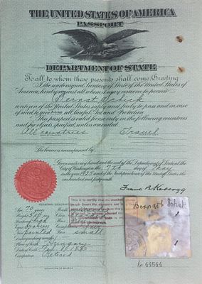 דרכון אמריקאי לצאצא המהר"ם שיק. הדפס אמריקאי בשפת היידיש. דרכון אמריקאי מקורי משנת 1925 כריכה 