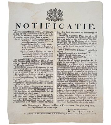 נדיר ומרגש! תקנות לסוחרים יהודים ולא יהודים, אמשטרדם 1806 
פריט נדיר וייחודי משנת 1806 – כרוז 