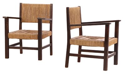 PAIR WOOD AND CORD FRENCH OPEN ARM CHAIRS C 1940. Pair wood and cord French open arm chairs C 
