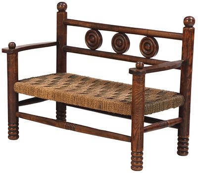 ELEGANT FRENCH ELM AND CORD BENCH WITH BALL FINIALS ATTRIBUTED TO CHARLES DUDOUYT C 1940. Elegan 