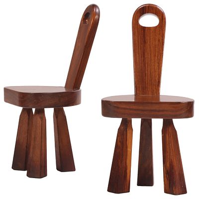 PAIR "PRIMITIVE" FRENCH MAHOGANY THREE LEG CHAIRS C 1970. Pair "primitive" French mahogany 