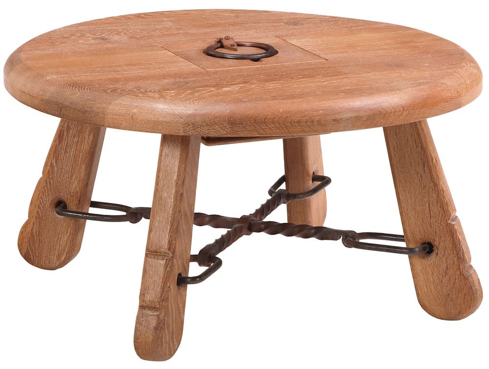 FRENCH OAK BRUTALIST STYLE COFFEE TABLE WITH IRON STRETCHER AND LIFT LID COMPARTMENT IN TOP C 1960.