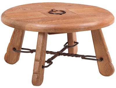 FRENCH OAK BRUTALIST STYLE COFFEE TABLE WITH IRON STRETCHER AND LIFT LID COMPARTMENT IN TOP C 1960.