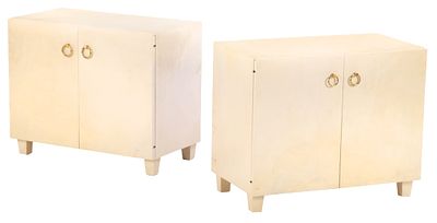 PAIR PARCHMENT COVERED TWO DOOR CABINETS WITH BRASS RING HARDWARE C 1950 IN THE MANNER OF. Pair 