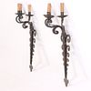 PAIR FRENCH IRON THREE ARM WALL SCONCES IN THE MANNER OF JEAN ROYERE C 1950. Pair French iron Image - 2