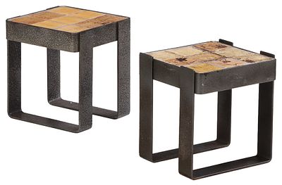TWO FRENCH IRON AND TILE END TABLES ATTRIBUTED TO CAPRON C 1970. Two French iron and tile end 