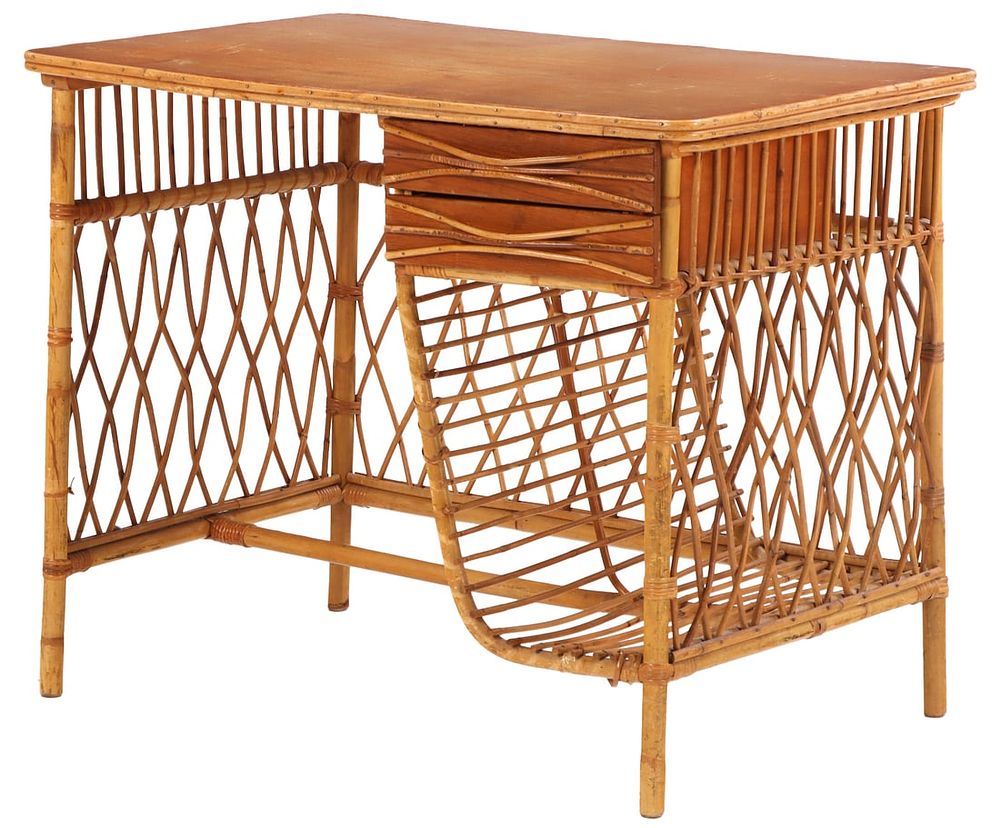 FRENCH RATTAN DESK HAVING TWO DRAWERS AND A WOOD TOP C 1950. French rattan desk having two 