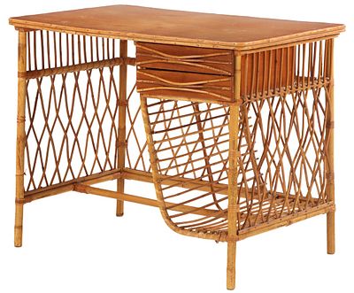 FRENCH RATTAN DESK HAVING TWO DRAWERS AND A WOOD TOP C 1950. French rattan desk having two 