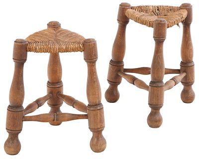 PETITE PAIR OF FRENCH TURNED WOOD AND RUSH STOOLS C 1950. Petite pair of French turned wood and 