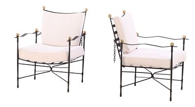 A PAIR OF AMALFI PAINTED IRON AND BRASS ADJUSTABLE ARM CHAIRS DESIGNED BY MARIO PAPPERZINI WITH NEW
