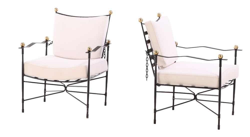A PAIR OF AMALFI PAINTED IRON AND BRASS ADJUSTABLE ARM CHAIRS DESIGNED BY MARIO PAPPERZINI WITH NEW