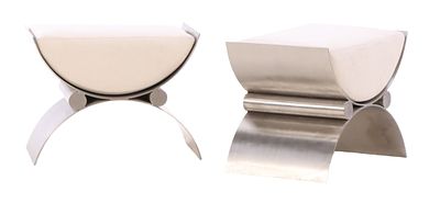 PAIR STAINLESS STEEL BENCHES WITH LOOSE CUSHION UPHOLSTERY IN THE MANNER OF KARL SPRINGER. Pair 
