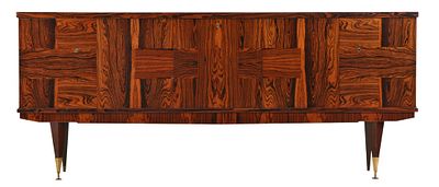 RARE FRENCH ROSEWOOD SIDEBOARD WITH A PATCHWORK DESIGN HAVING A CENTRAL BAR COMPARTMENT C 1960. 