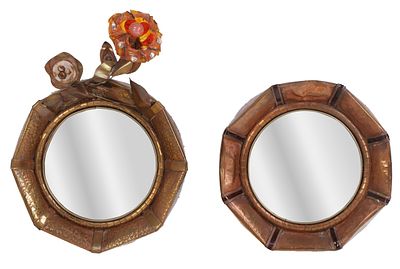 TWO HAMMERED COPPER MIRRORS C 1970 FROM PARIS. SIGNED ON REVERSE. Two hammered copper mirrors C 