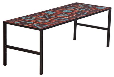 FRENCH IRON AND TILE TOP COFFEE TABLE C 1970. SIGNED BY THE ARTIST. French iron and tile top 