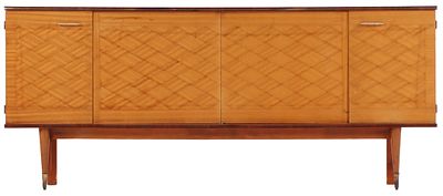 FRENCH BLEACHED PARQUET MAHOGANY FOUR DOOR SIDEBOARD WITH MAHOGANY INTERIOR C 1960. French 