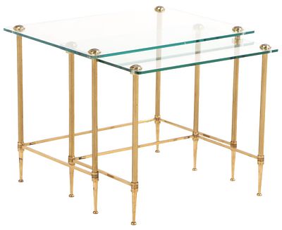 FRENCH BRASS AND GLASS NESTING TABLES IN THE MANNER OF JANSEN C 1960. French brass and glass 