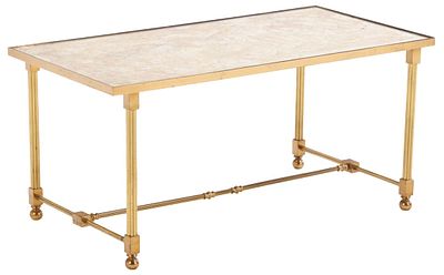 FRENCH BRASS AND MIRROR COFFEE TABLE WITH BALL FEET C 1960. French brass and mirror coffee 