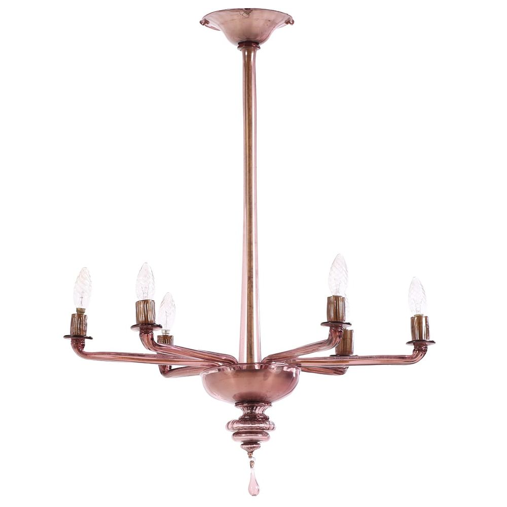 PURPLE MURANO GLASS CHANDELIER HAVING SIX ARMS C 1960. Purple Murano glass chandelier having 