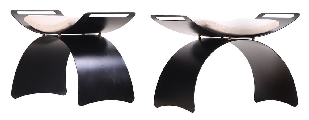 PAIR PAINTED IRON BUTTERFLY FORM BENCHES WITH LOOSE CUSHIONS. Pair painted iron butterfly form 