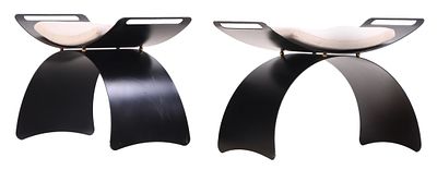 PAIR PAINTED IRON BUTTERFLY FORM BENCHES WITH LOOSE CUSHIONS. Pair painted iron butterfly form 