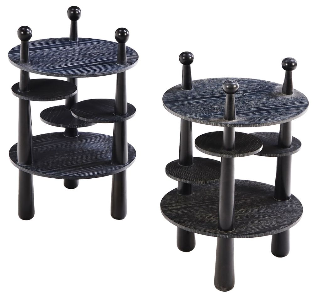 PAIR ROUND TABLES WITH SWING OUT DRINKS STANDS IN DARK CERUSED OAK IN THE MANNER OF JEAN ROYERE. 