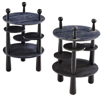 PAIR ROUND TABLES WITH SWING OUT DRINKS STANDS IN DARK CERUSED OAK IN THE MANNER OF JEAN ROYERE. 