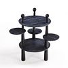 PAIR ROUND TABLES WITH SWING OUT DRINKS STANDS IN DARK CERUSED OAK IN THE MANNER OF JEAN ROYERE. Image - 3