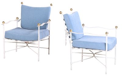 A PAIR OF AMALFI PAINTED IRON AND BRASS ADJUSTABLE ARM CHAIRS DESIGNED BY MARIO PAPPERZINI WITH NEW