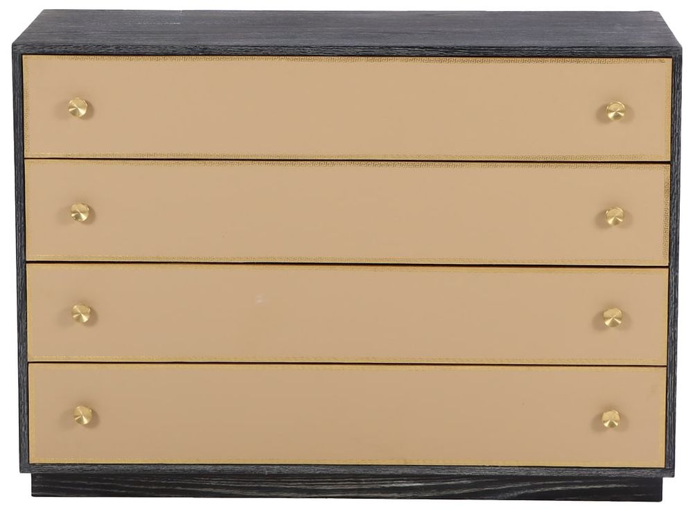 ONE OF TWO DARK CERUSED OAK DRESSERS HAVING LEATHER DRAWER FRONTS WITH GREEK KEY DESIGN IN THE. O 