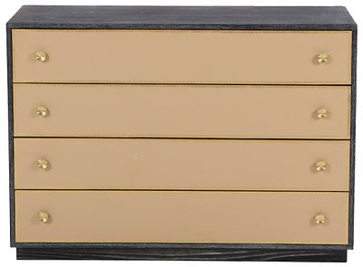 ONE OF TWO DARK CERUSED OAK DRESSERS HAVING LEATHER DRAWER FRONTS WITH GREEK KEY DESIGN IN THE. O 