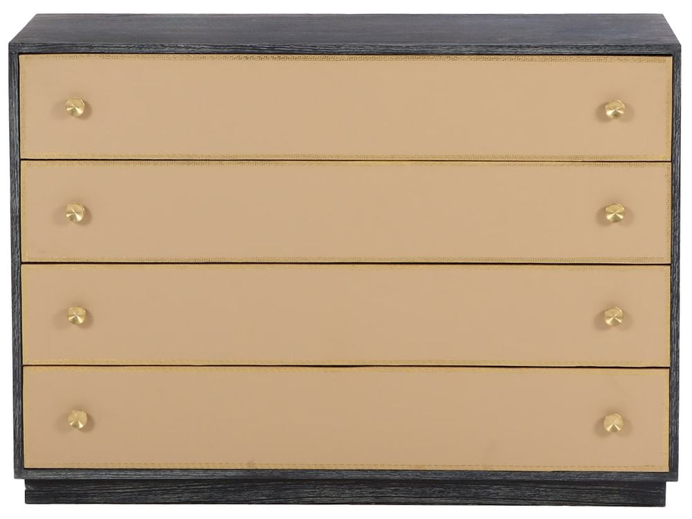 ONE OF TWO DARK CERUSED OAK DRESSERS HAVING LEATHER DRAWER FRONTS WITH GREEK KEY DESIGN IN THE. O 