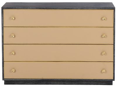 ONE OF TWO DARK CERUSED OAK DRESSERS HAVING LEATHER DRAWER FRONTS WITH GREEK KEY DESIGN IN THE. O 