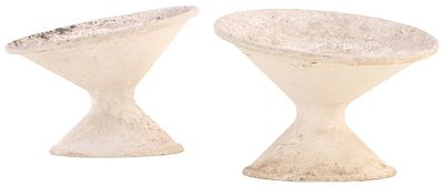 PAIR ROUND CANTED CAST STONE FRENCH PLANTERS DESIGNED BY WILLY GUHL C 1970. Pair round canted 