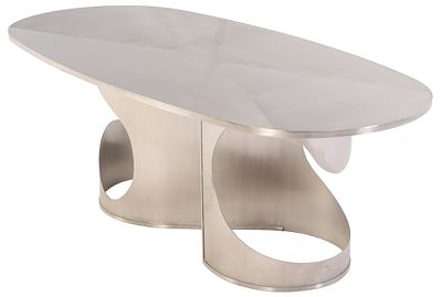 STAINLESS STEEL DINING TABLE ON SHAPED BASE IN TWO PARTS IN THE MANNER OF MARIA PERGAY. Stainles 