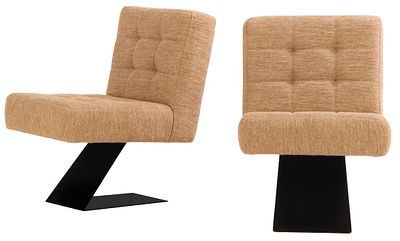 PAIR UPHOLSTERED LOUNGE CHAIRS HAVING A PAINTED IRON Z FORM BASE AND NEW FABRIC,. Pair 