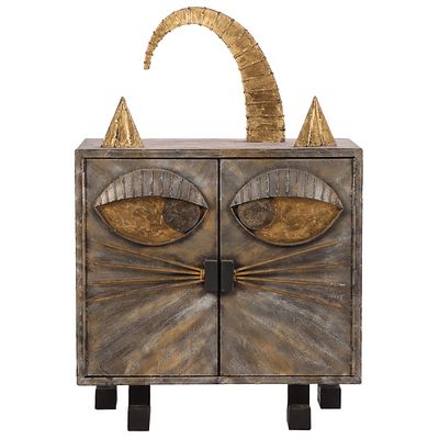 PAINTED IRON CABINET IN THE FORM OF A CAT HAVING TWO DOORS IN THE MANNER OF PAUL EVANS. Painted 