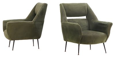 PAIR ITALIAN UPHOLSTERED LOUNGE CHAIRS BY GIGI RADICE C 1950 RESTING ON IRON LEGS. Pair Italian 