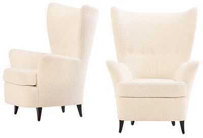 PAIR OF RESTORED ITALIAN LOUNGE CHAIRS HAVING EBONIZED FEET C 1950 WITH NEW BOUCLE FABRIC. Pair 