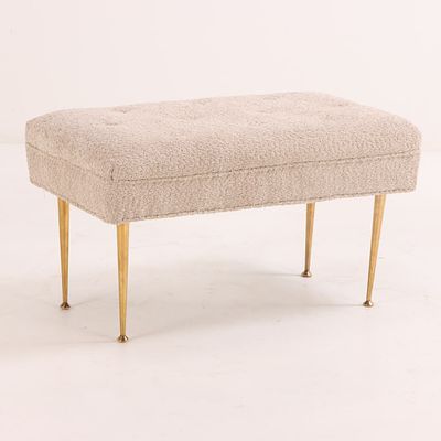 ITALIAN UPHOLSTERED BENCH RESTING ON BRASS LEGS C 1950 HAVING NEW FABRIC. Italian upholstered 